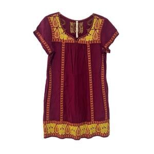 Uncle Frank Womens Fully Embroidered Dress Size XS Maroon 100% Linen Bohemian